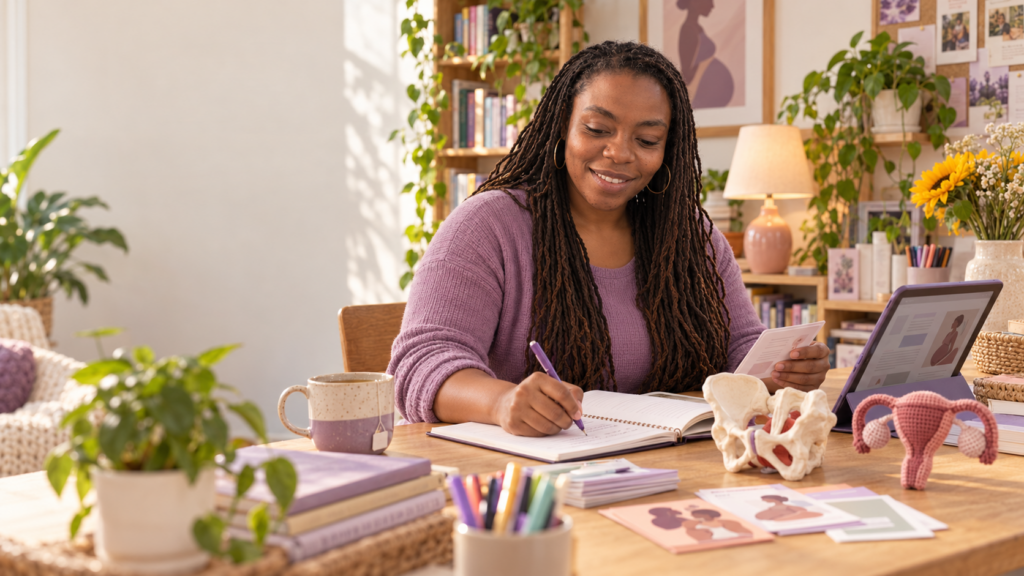 Starlette Rowland, founder of G.L.O.W. Birth & Family Support, preparing childbirth education materials.